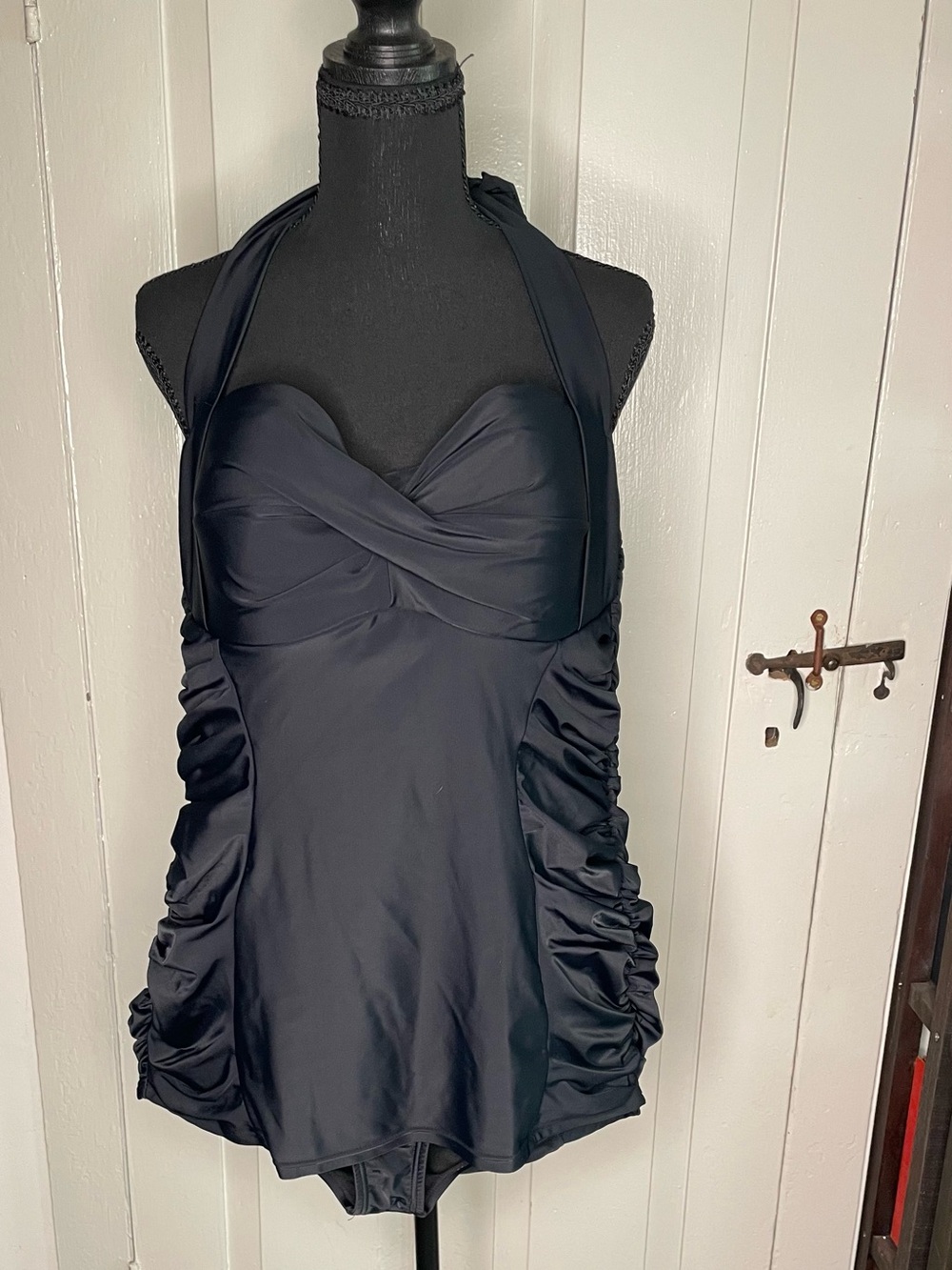 Halter Ruched Swimdress in black, size L